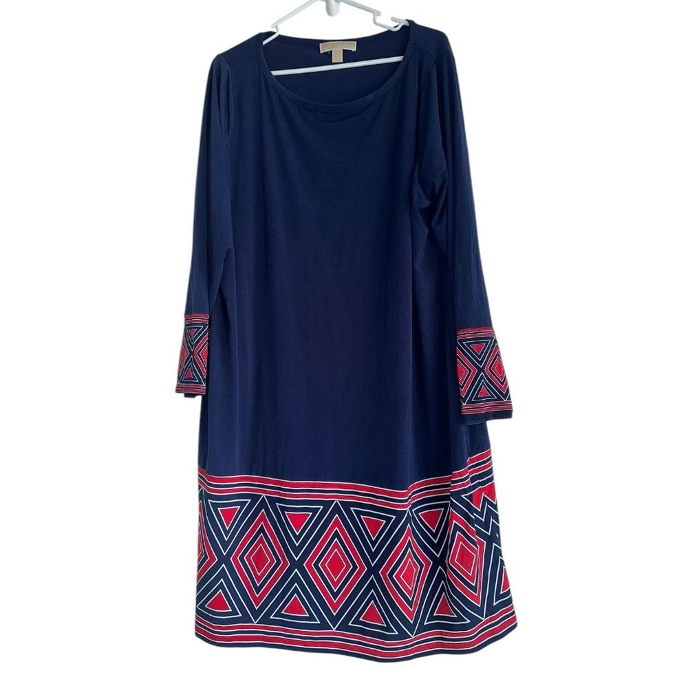 Michael Michael Kors Womens Long Sleeve Shift Dress Plus 2X Navy Red Geometric